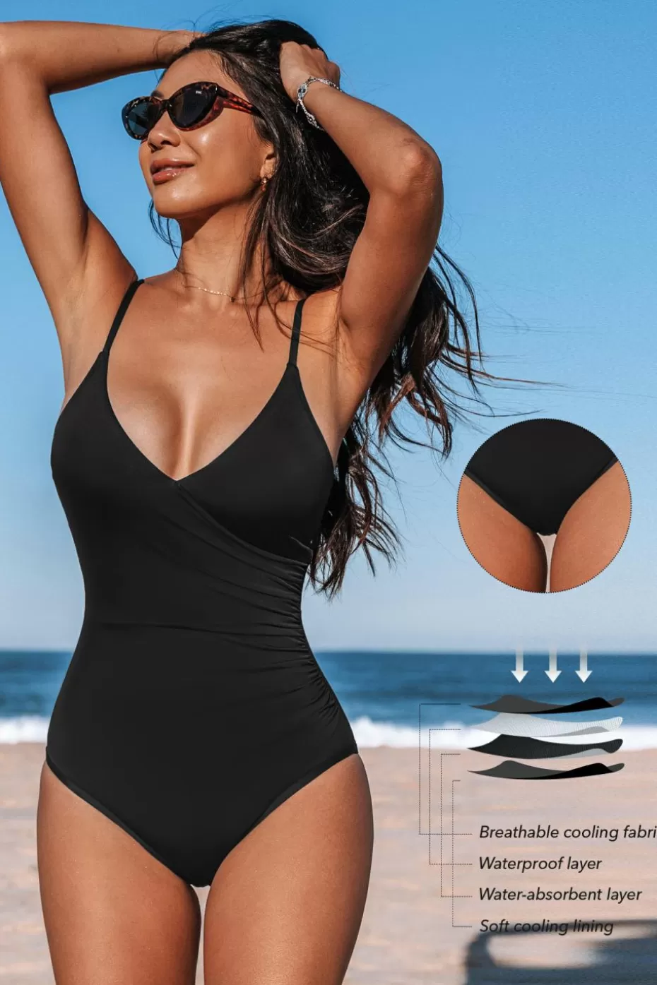 Outlet Cupshe Period Surplice Lace-Up Back One-Piece Black