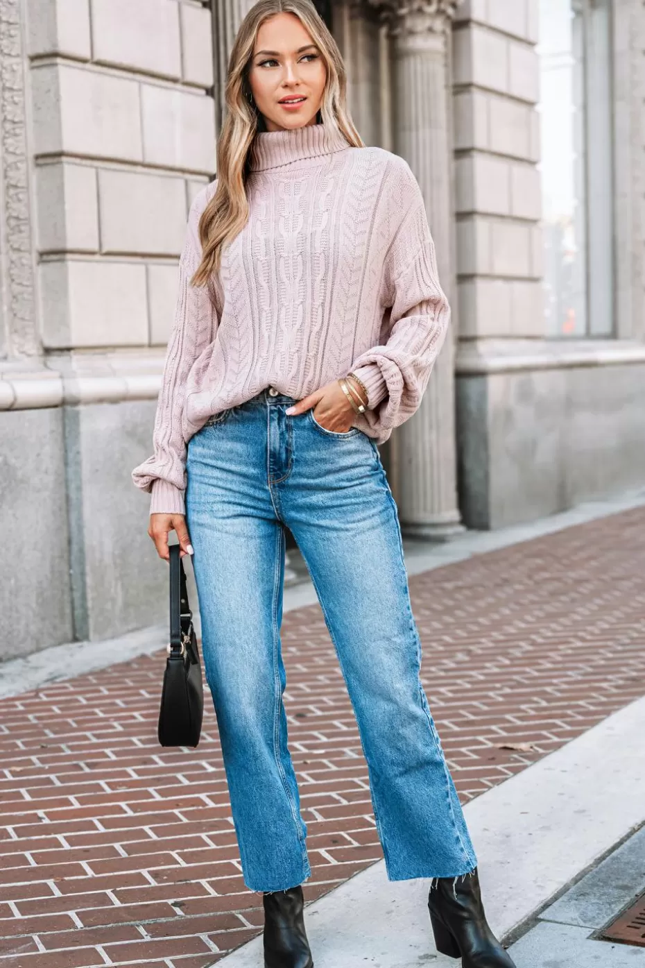 Best Sale Cupshe Cable Knit Long Sleeve Turtleneck Sweater Pink