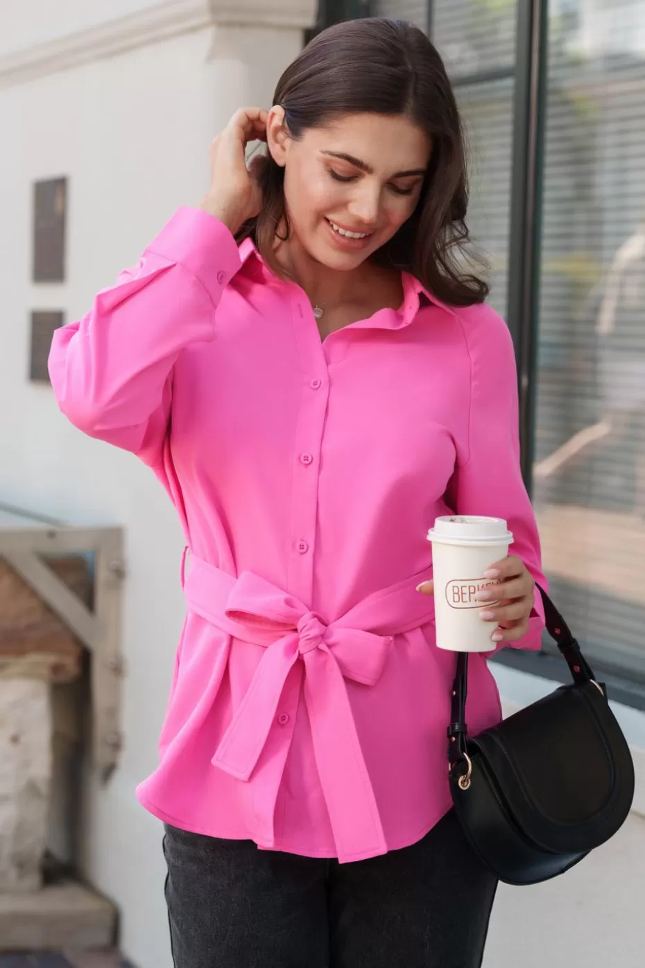 Discount Cupshe Collared Front Button Waist Tie Blouse Pink