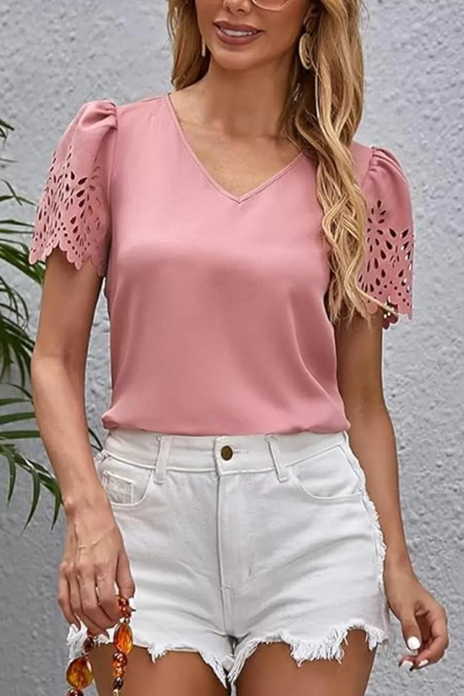 Store Cupshe Eyelet Sleeve V-Neck Blouse Pink