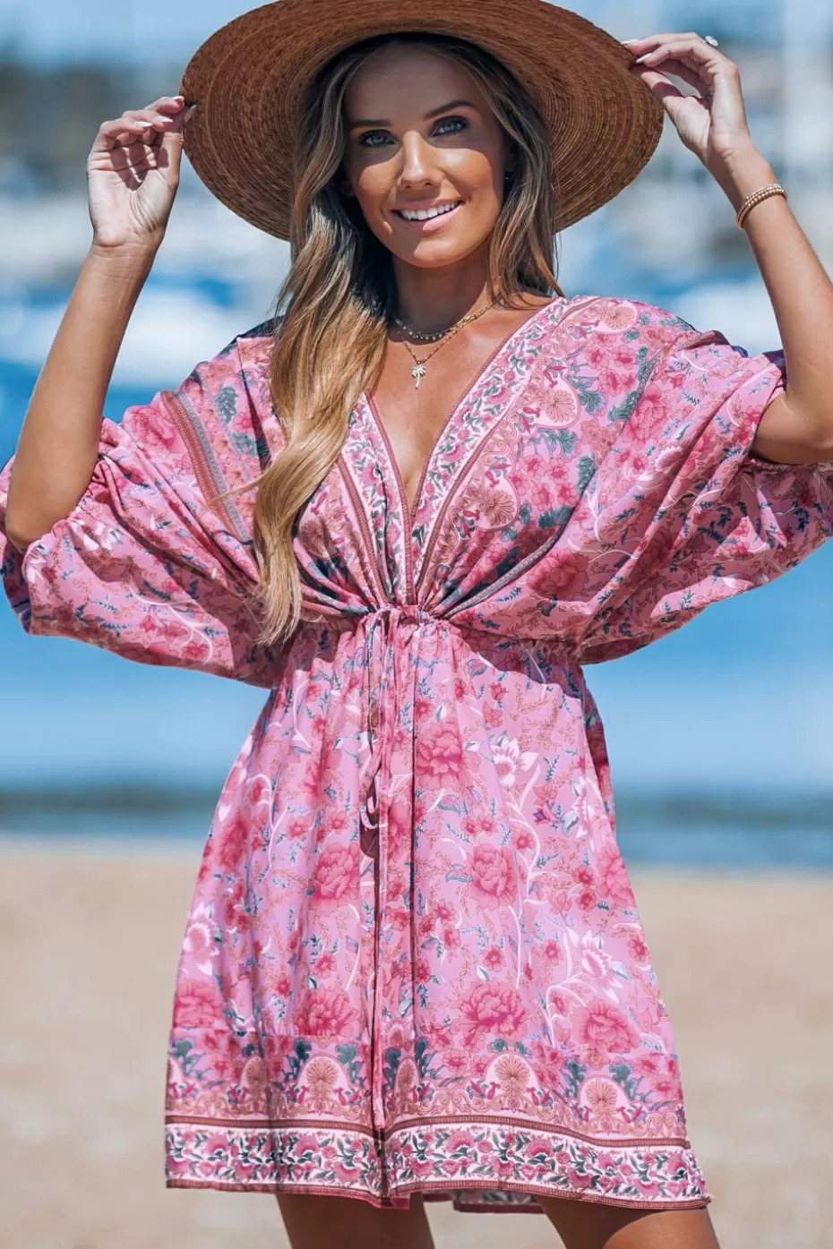 New Cupshe Floral Plunging Blouson Sleeve Mini Dress Pink