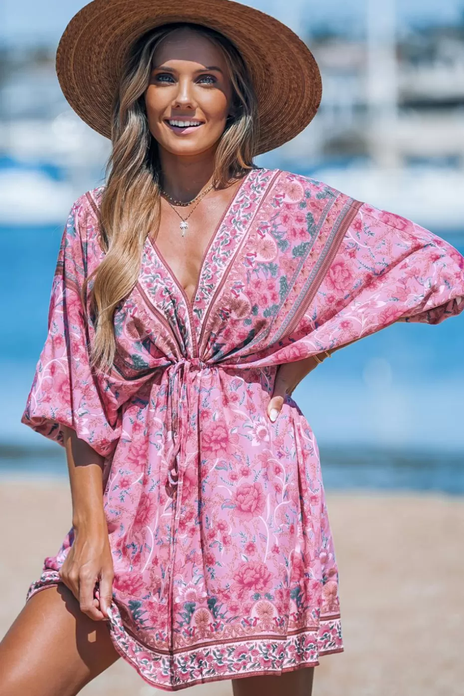 New Cupshe Floral Plunging Blouson Sleeve Mini Dress Pink