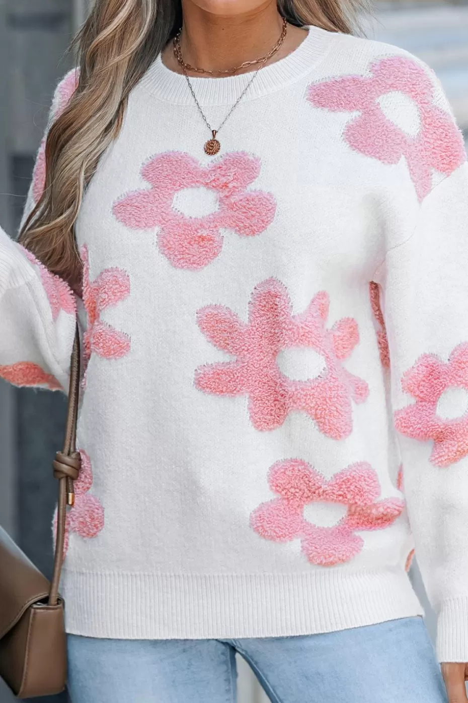 Sale Cupshe Floral Round Neck Long Sleeve Sweater Pink