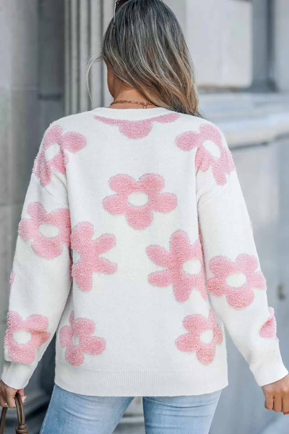 Sale Cupshe Floral Round Neck Long Sleeve Sweater Pink