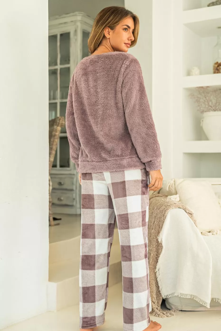 Shop Cupshe Fuzzy Knit Sweater & Plaid Pants Pajama Set Pink