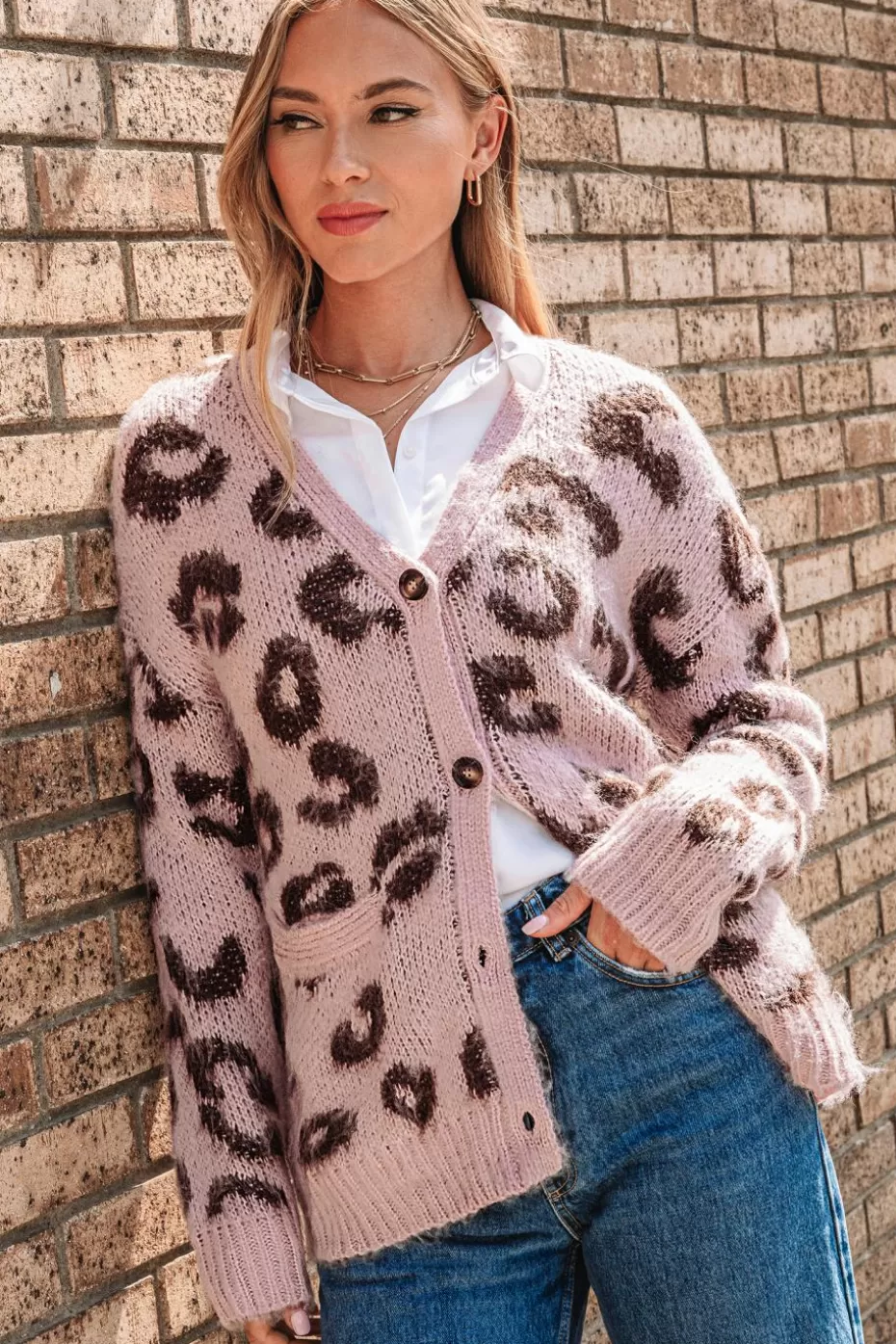 Cheap Cupshe Leopard Front Button Cardigan Pink