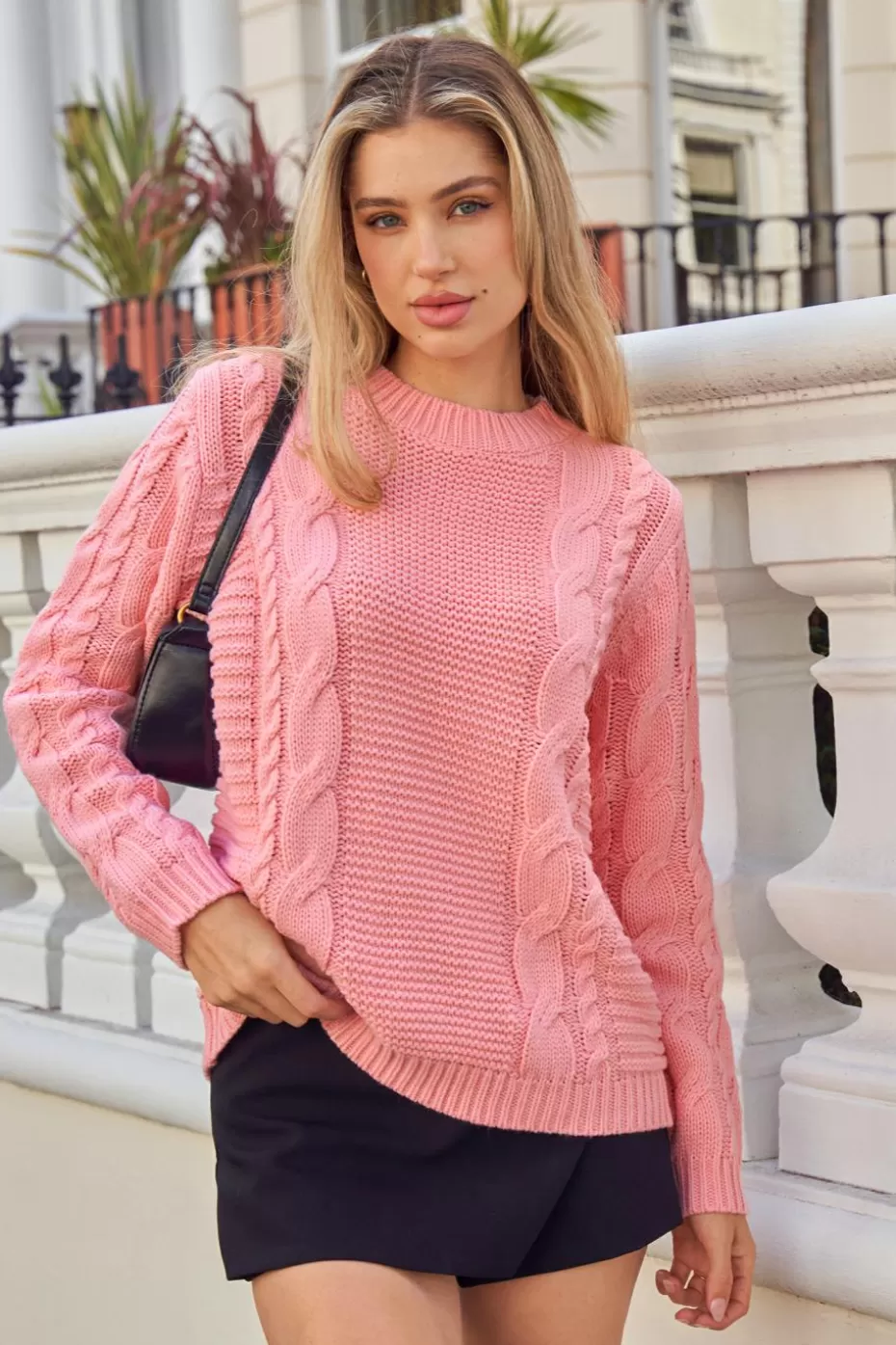 Best Sale Cupshe Round Neck Long Sleeve Cable Knit Sweater Pink