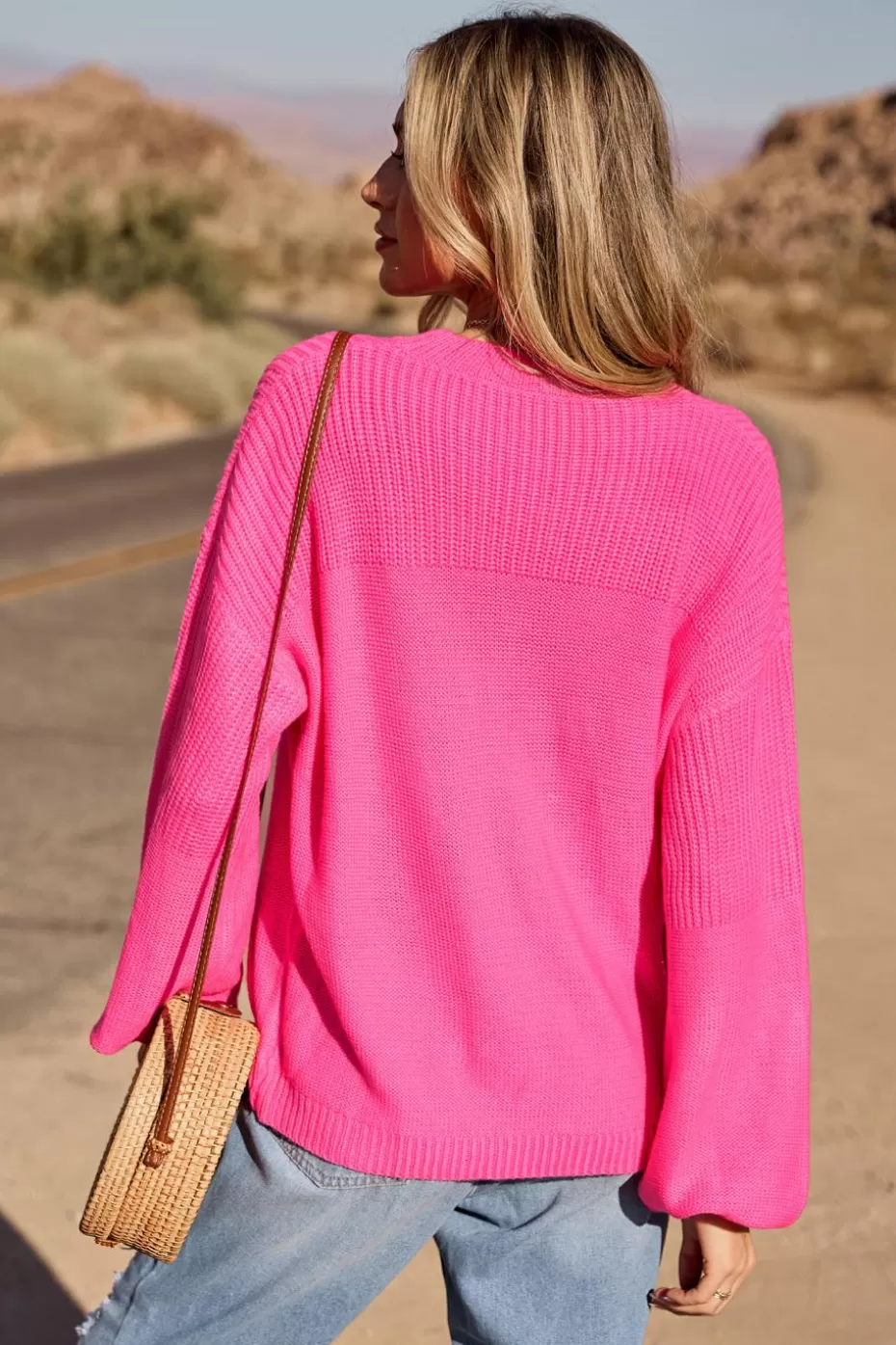 Cheap Cupshe Round Neck Long Sleeve Knit Top Pink