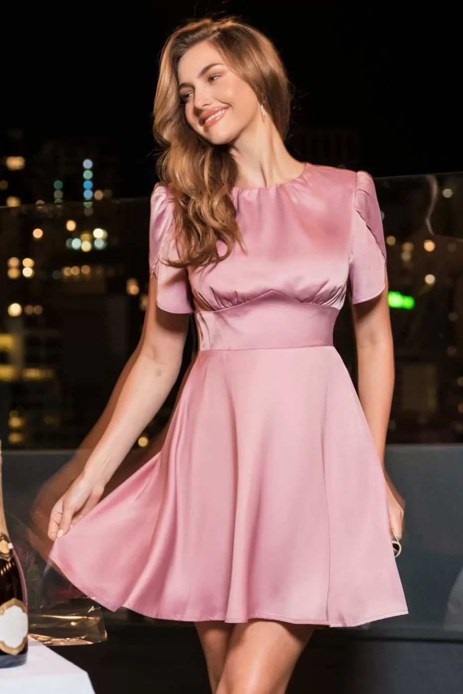 Fashion Cupshe Round Neck Short Sleeve Satin Mini Dress Pink