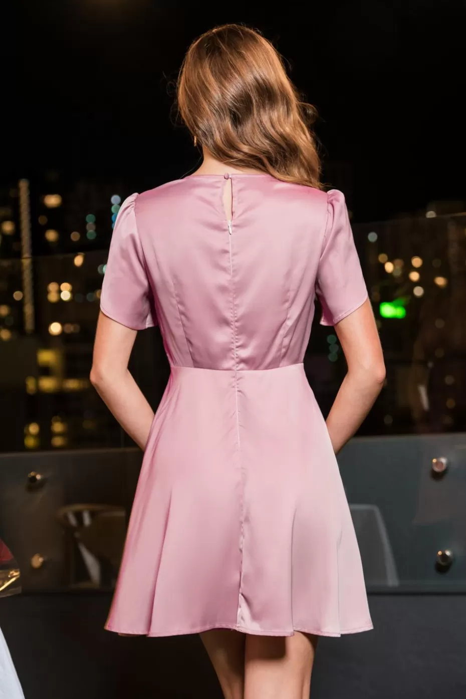 Fashion Cupshe Round Neck Short Sleeve Satin Mini Dress Pink