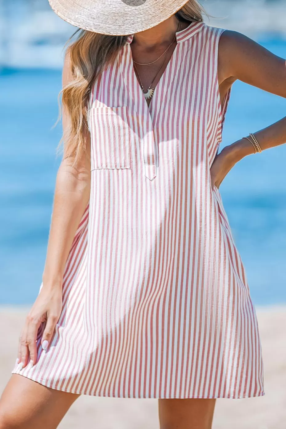 Online Cupshe Stripe Sleeveless V-Neck Mini Dress Pink