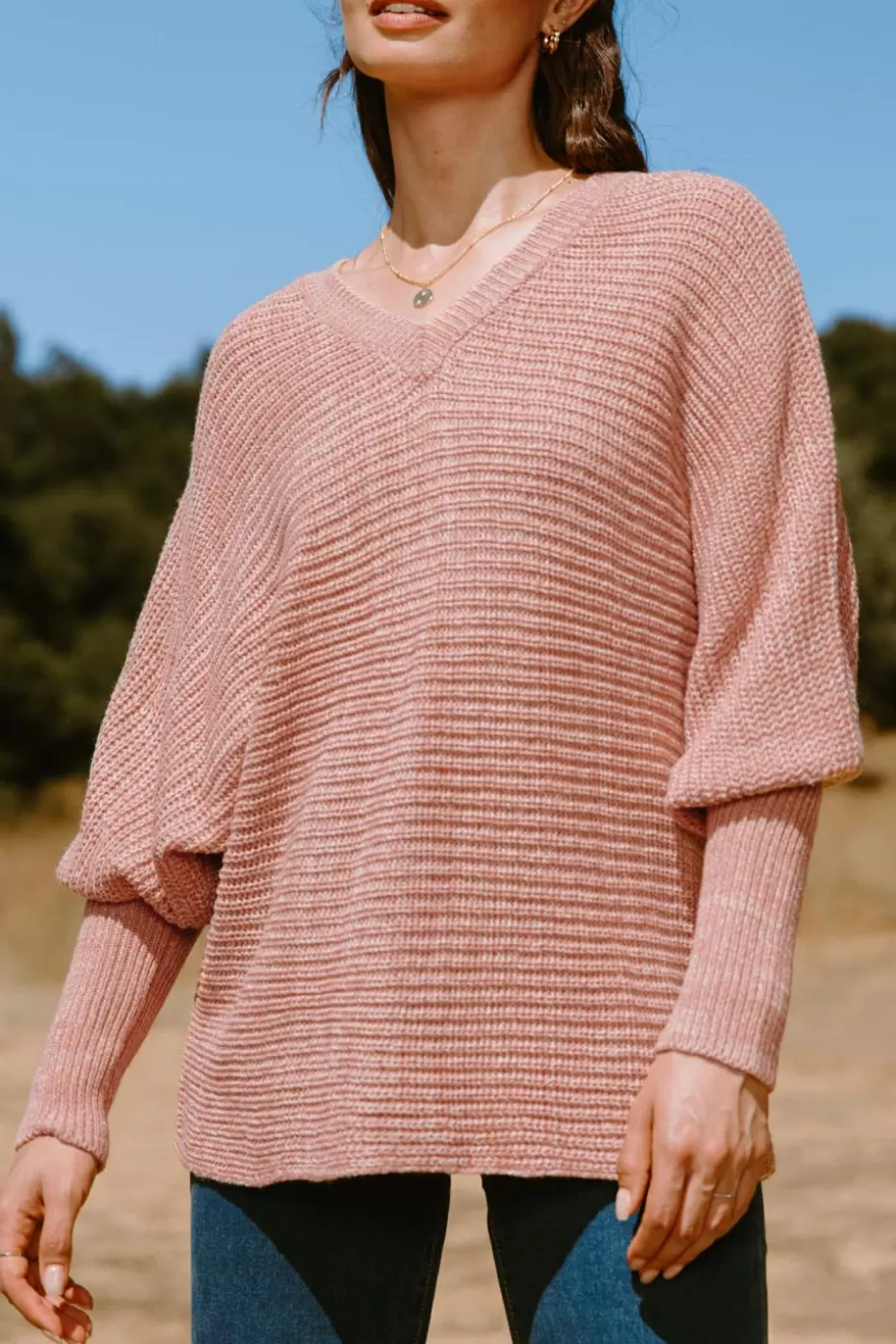 Online Cupshe V-Neck Slouchy Sleeve Sweater Pink