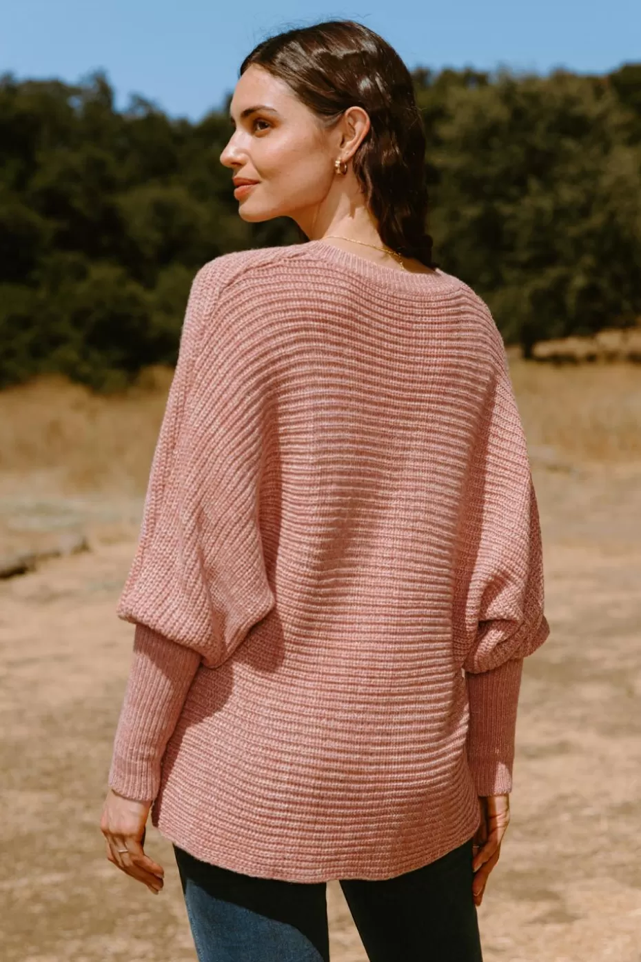 Online Cupshe V-Neck Slouchy Sleeve Sweater Pink