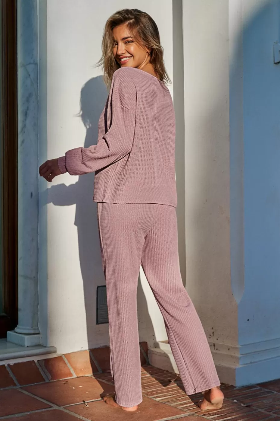 Outlet Cupshe Waffle Knit Long Sleeve & Pants Pajama Set Pink