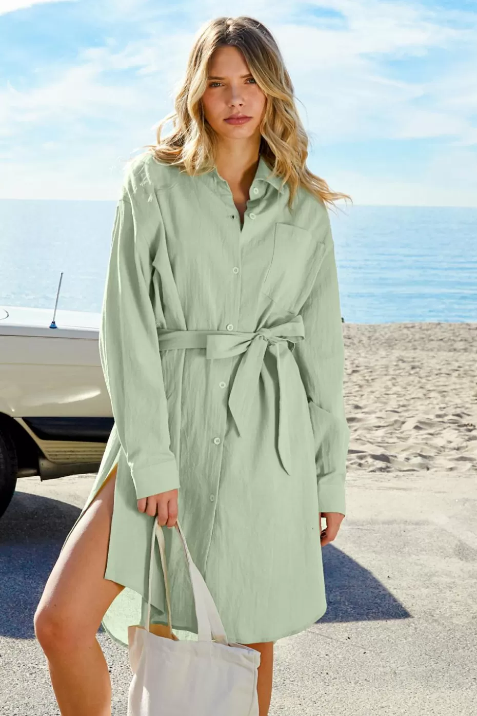 Outlet Cupshe Pistachio Button-Up Shirt Dress Light Green