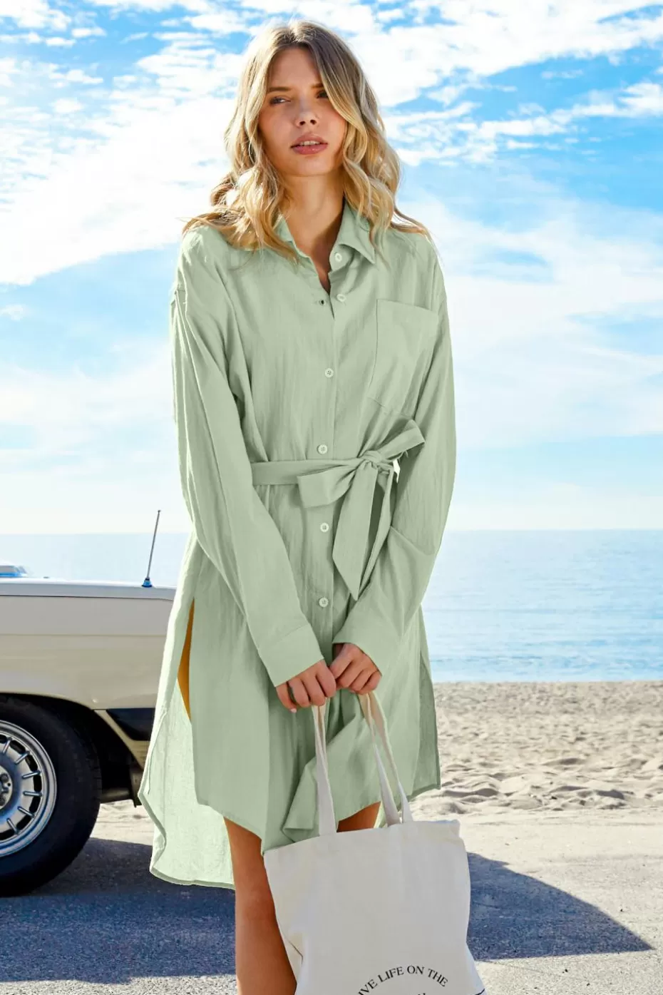 Outlet Cupshe Pistachio Button-Up Shirt Dress Light Green