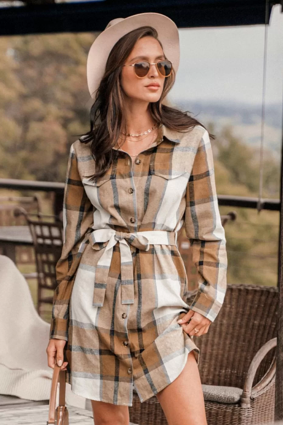 Best Sale Cupshe Plaid Belted Button-Front Mini Dress Brown