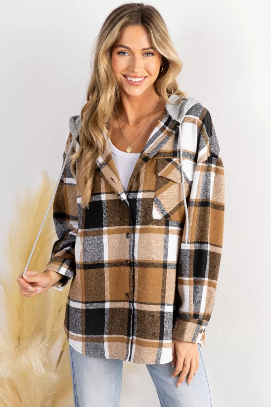 Flash Sale Cupshe Plaid Drawstring Hood Button Up Jacket Yellow