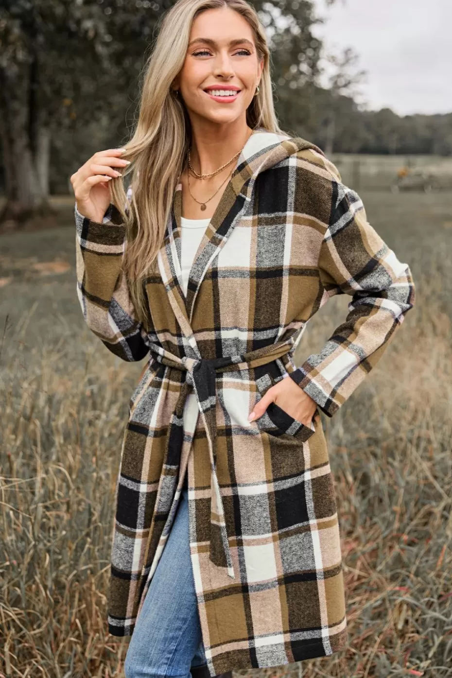 Flash Sale Cupshe Plaid Pocket Hooded Coat Brown