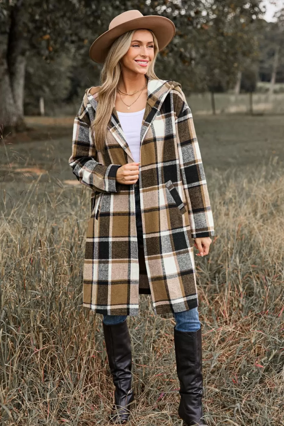 Flash Sale Cupshe Plaid Pocket Hooded Coat Brown