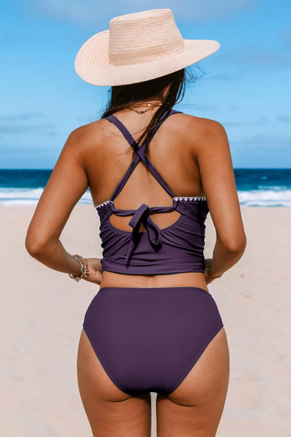 Best Cupshe Shell Stitch Tankini Top & Mid-Rise Bottoms Set Plum