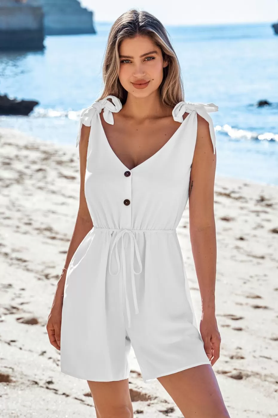 Online Cupshe Plunging Knotted Strap Romper White