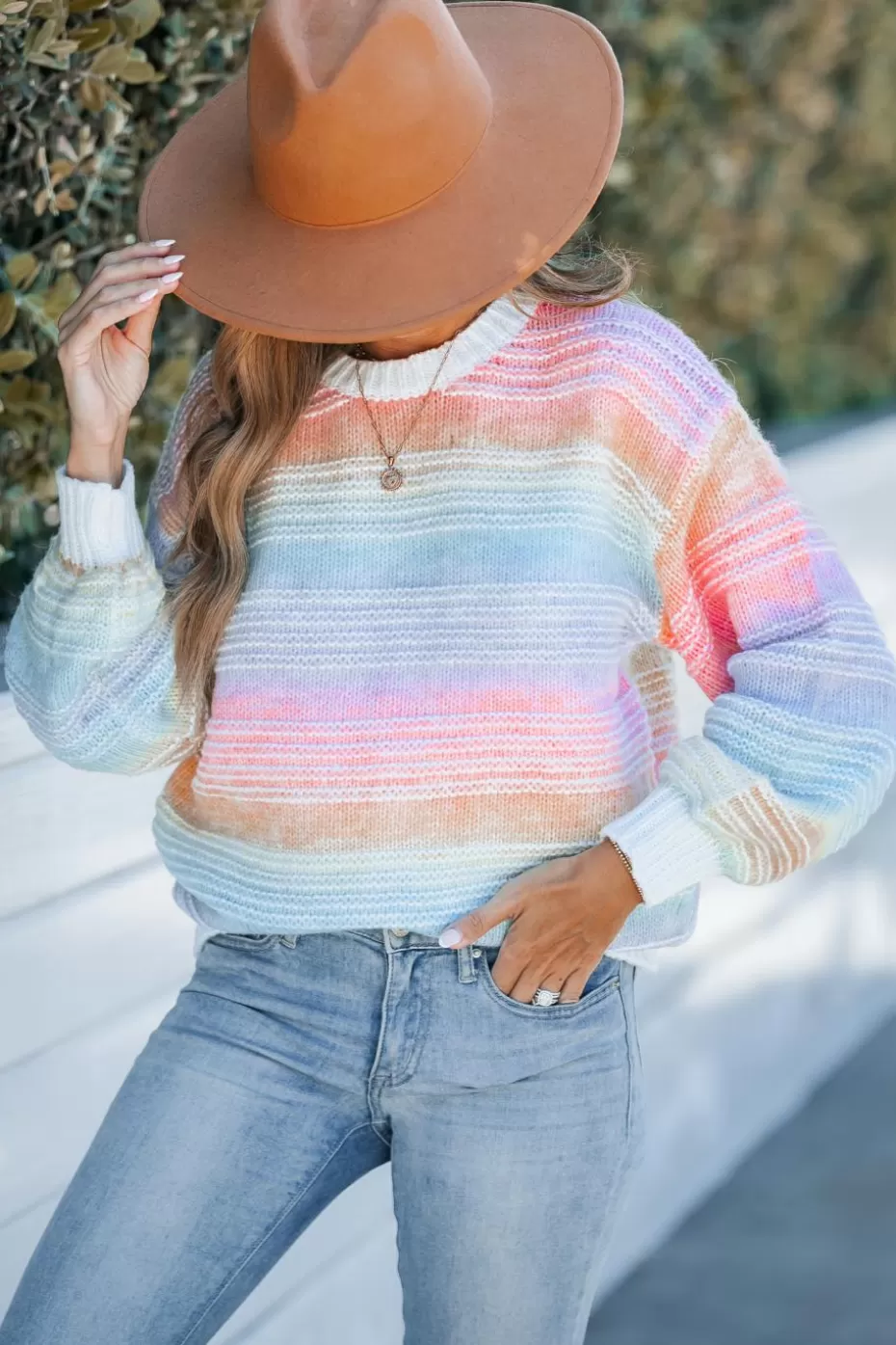 Online Cupshe Rainbow Knit Round Neck Long Sleeve Sweater Pink