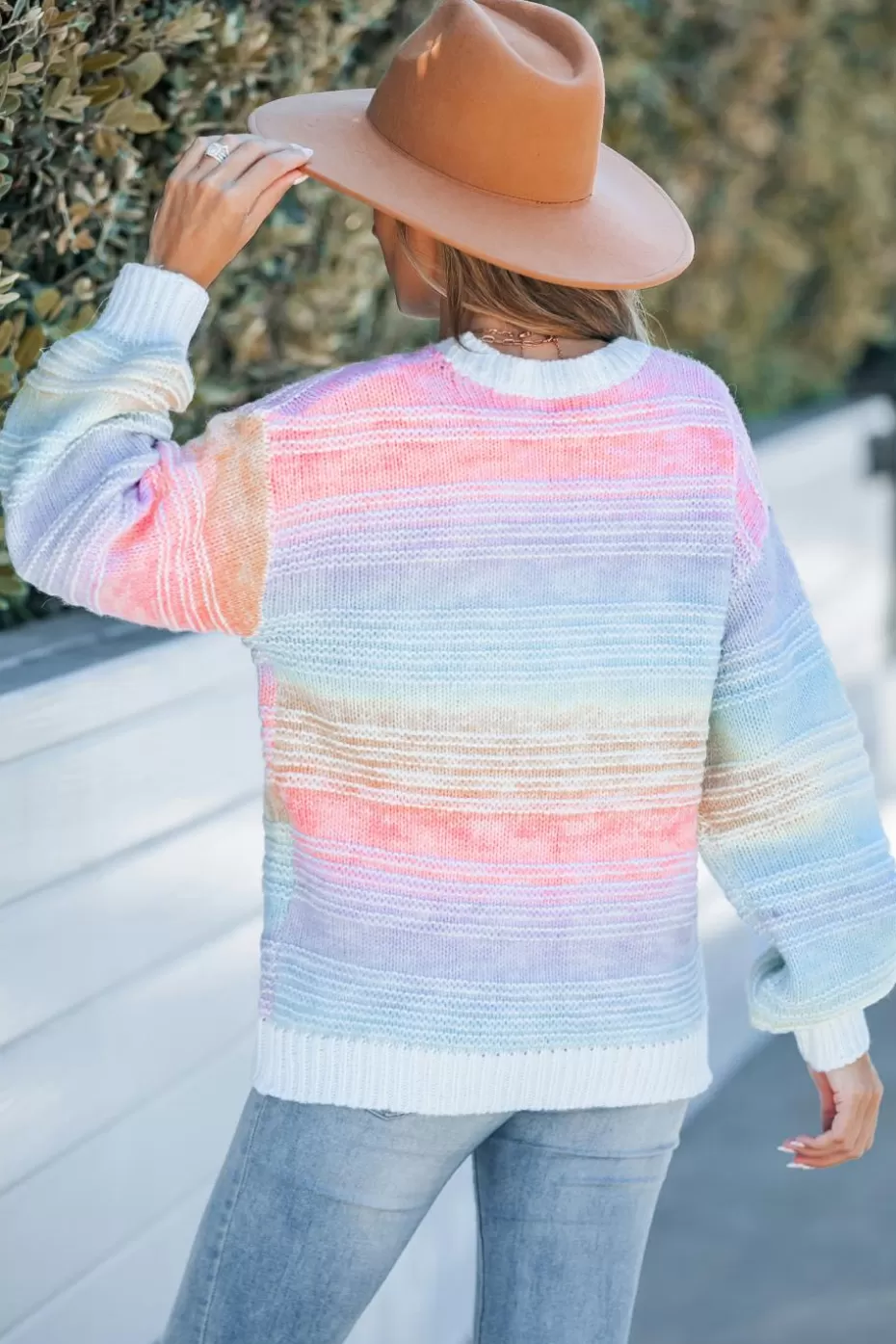 Online Cupshe Rainbow Knit Round Neck Long Sleeve Sweater Pink