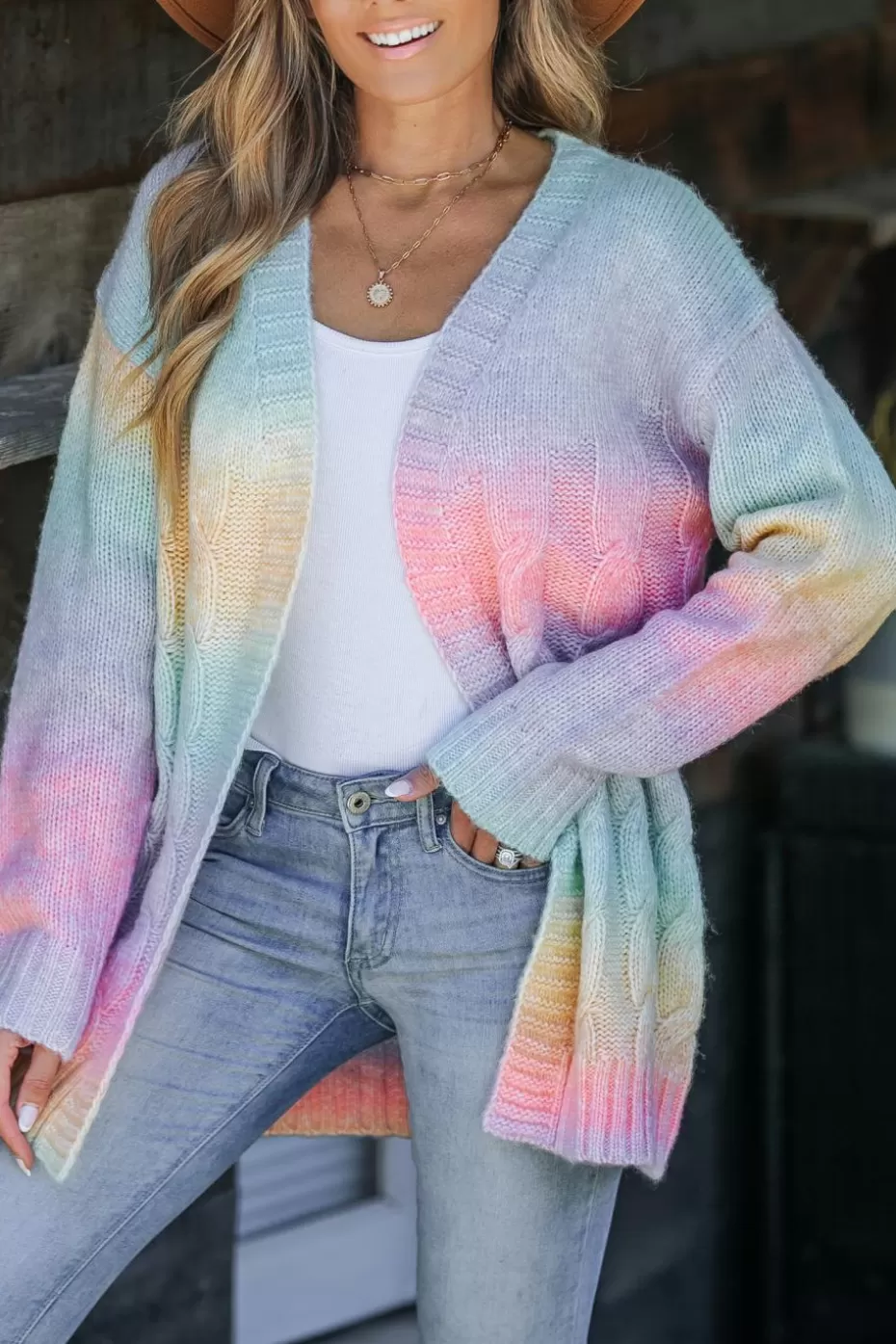 Cheap Cupshe Rainbow Ombre Open Front Long Sleeve Cardigan Pink