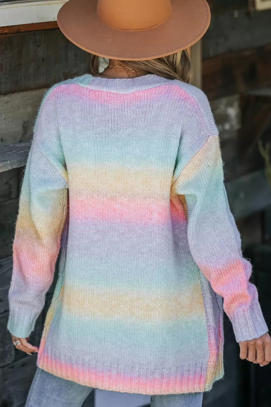 Cheap Cupshe Rainbow Ombre Open Front Long Sleeve Cardigan Pink