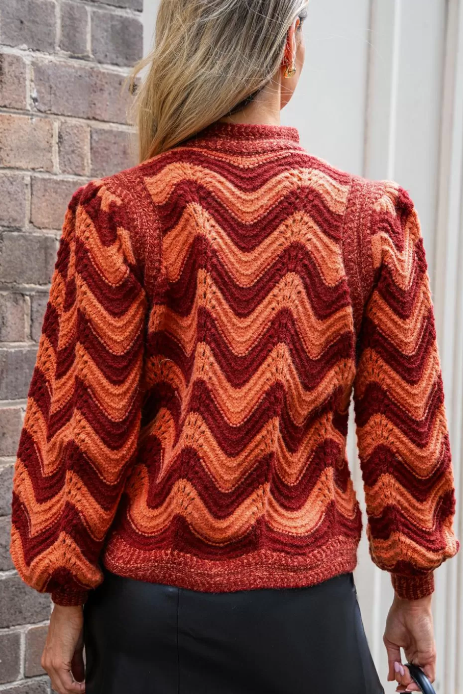 Cheap Cupshe Red & Orange Chevron Puff Sleeve Mockneck Top Brick