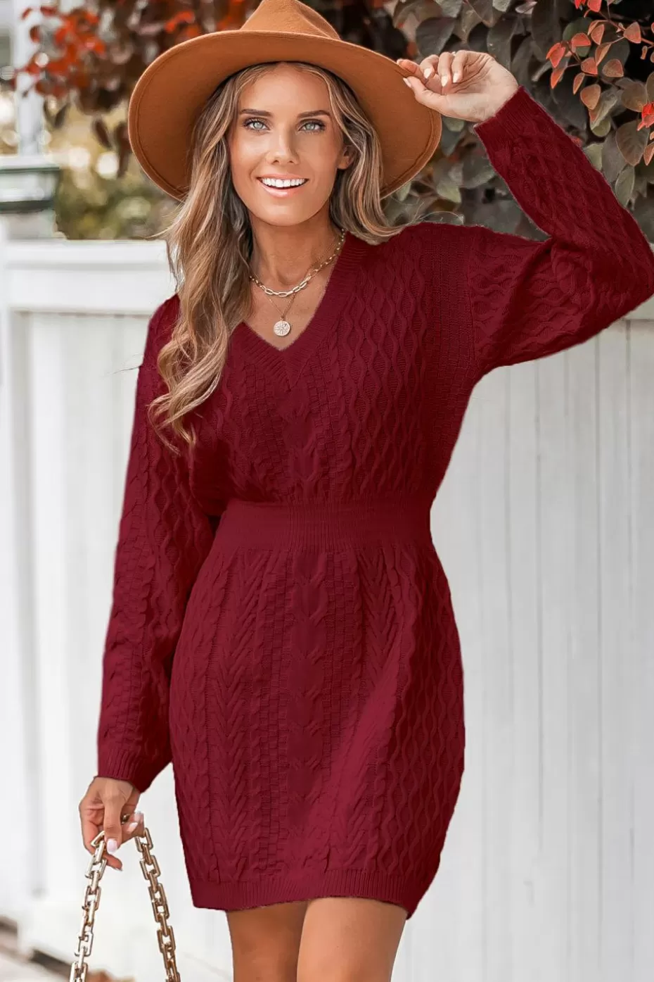 New Cupshe Cable Knit Long Sleeve Mini Sweater Dress Red