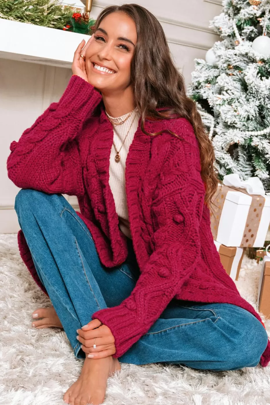 Best Sale Cupshe Cable Knit Long Sleeve Open Front Cardigan Red