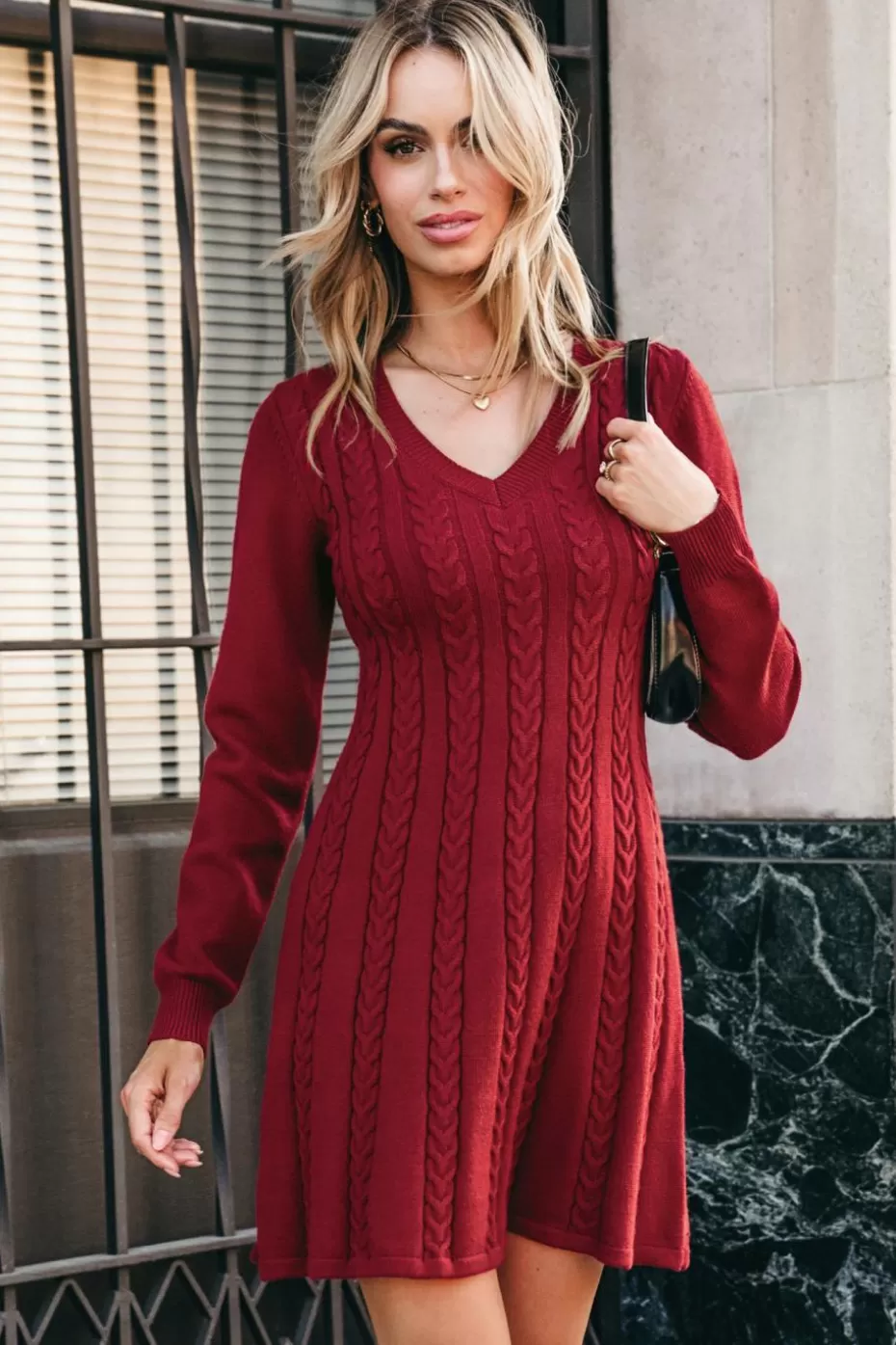 Cheap Cupshe Cable Knit V-Neck Long Sleeve Mini Sweater Dress Red