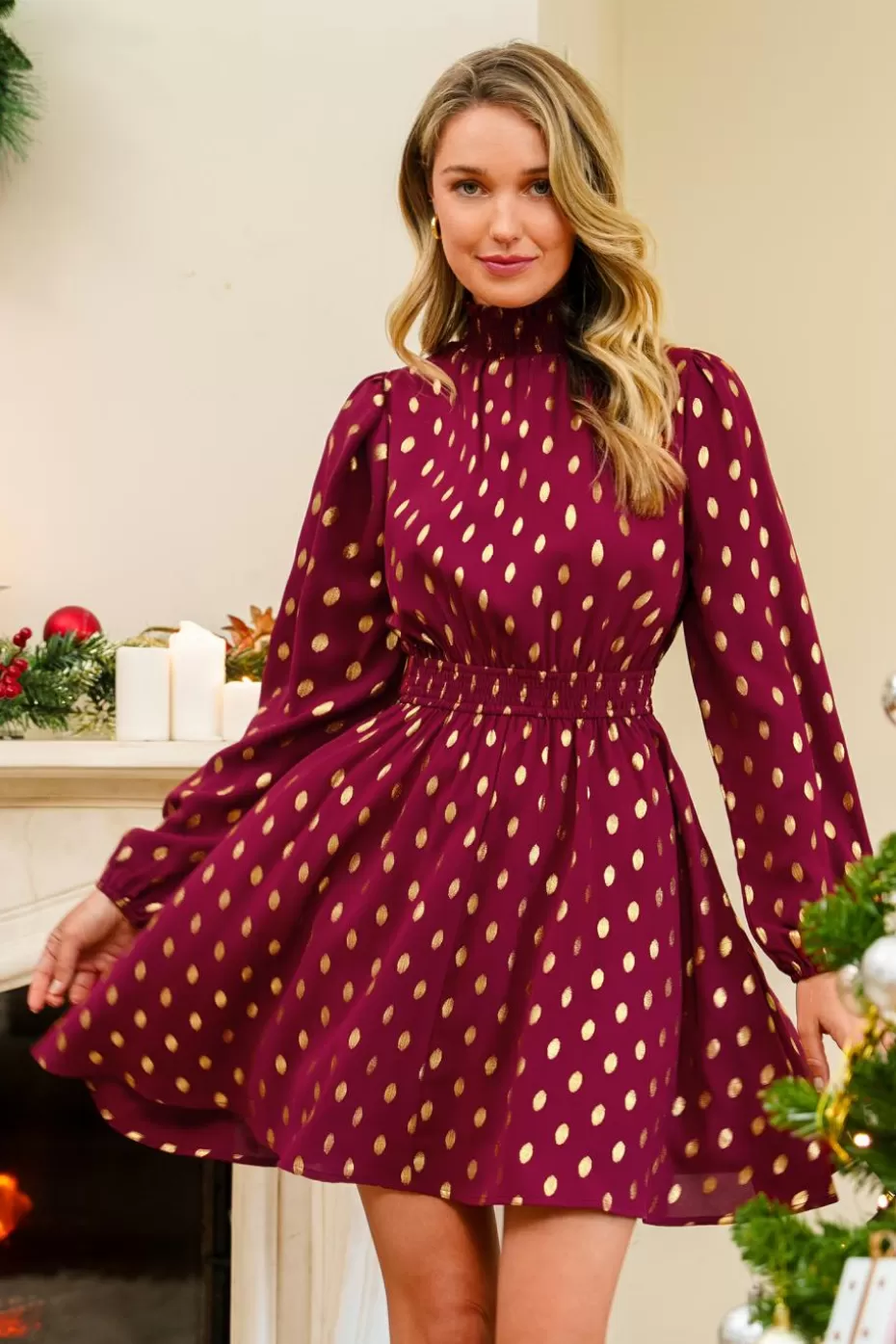 Discount Cupshe Dots Standing Collar Long Sleeve Dress Red