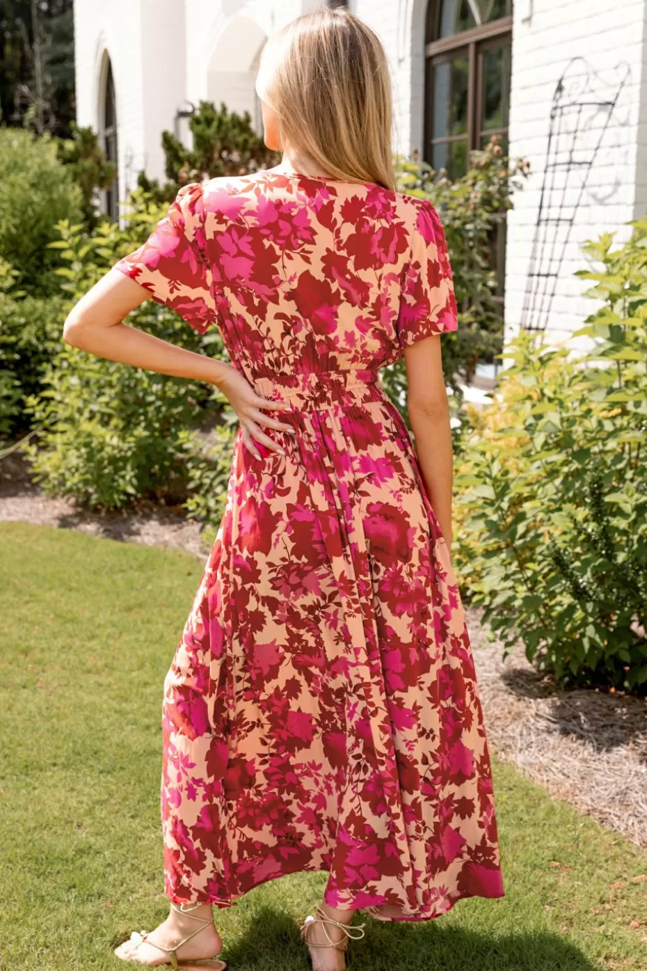 New Cupshe Floral Print Smocked Maxi Dress Red