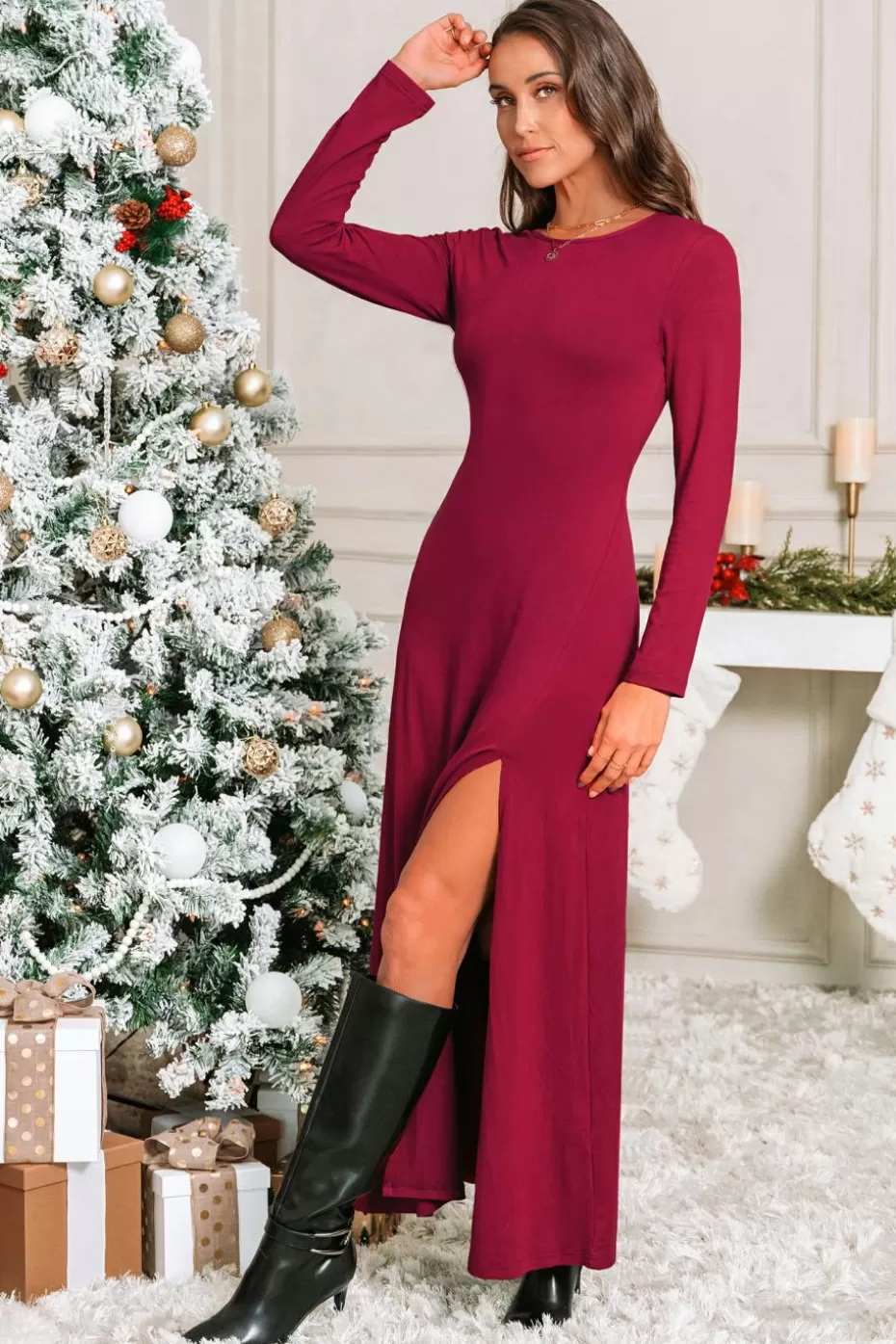 New Cupshe Jersey Round Neck Long Sleeve Maxi Dress Red