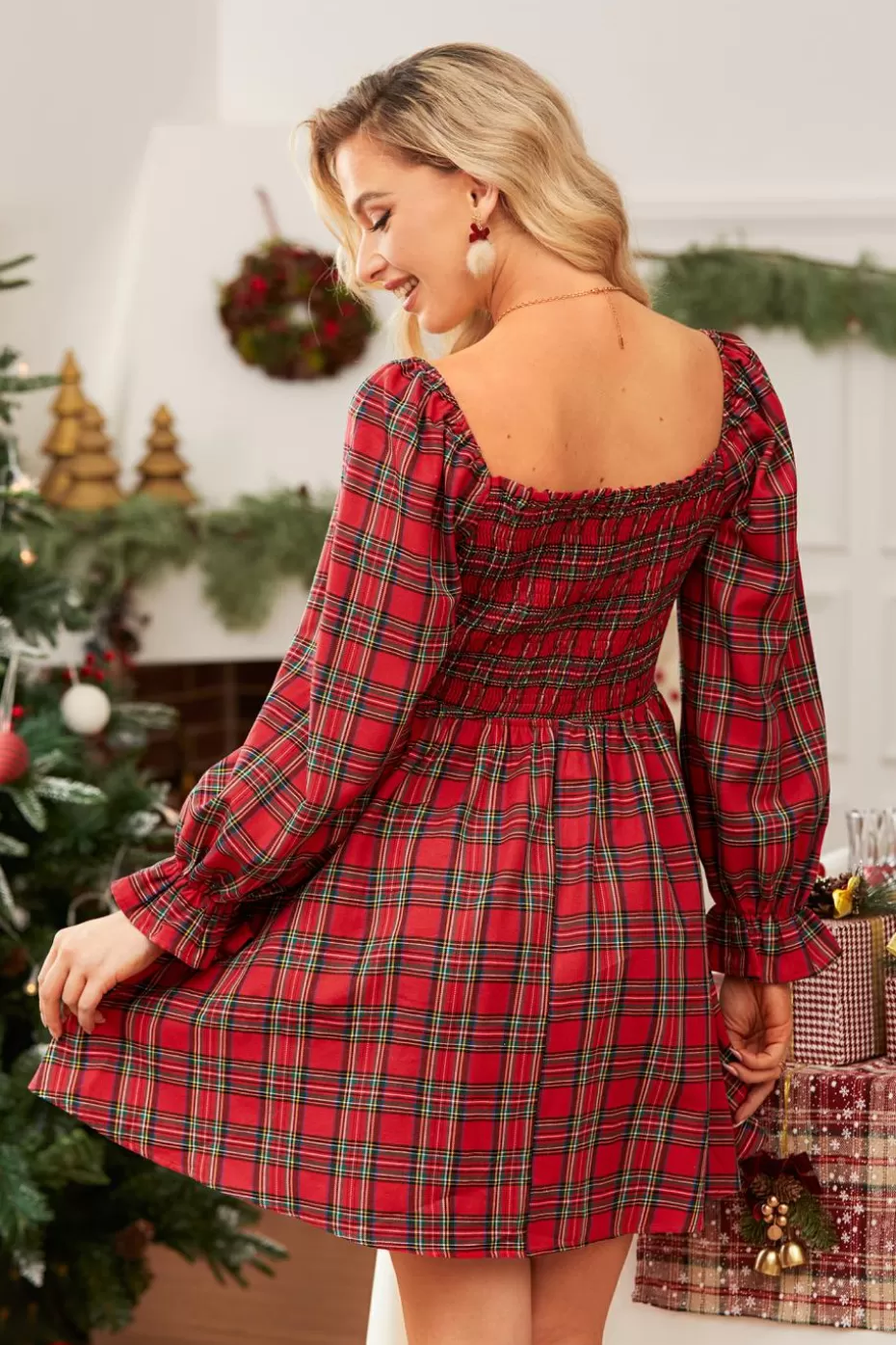 Flash Sale Cupshe Plaid Square Neck Puff Sleeve Mini Dress Red