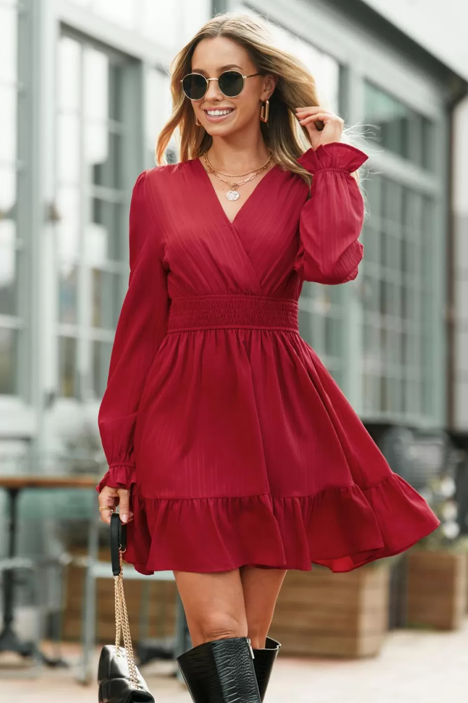 Shop Cupshe Surplice Long Sleeve Ruffle Cuff Mini Dress Red