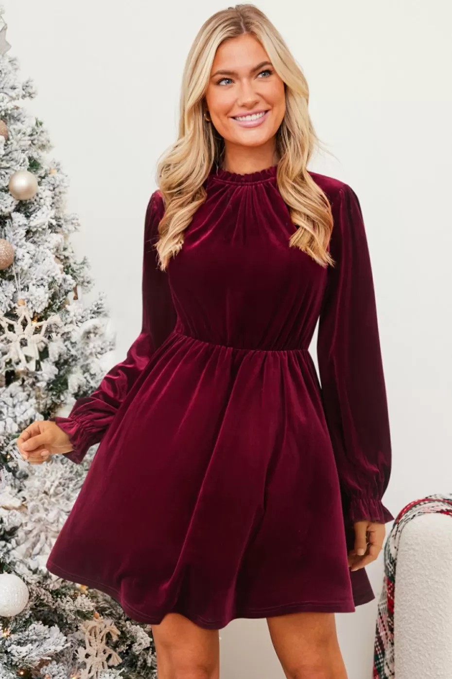 Fashion Cupshe Velvet Long Puff Sleeve Mini Dress Red