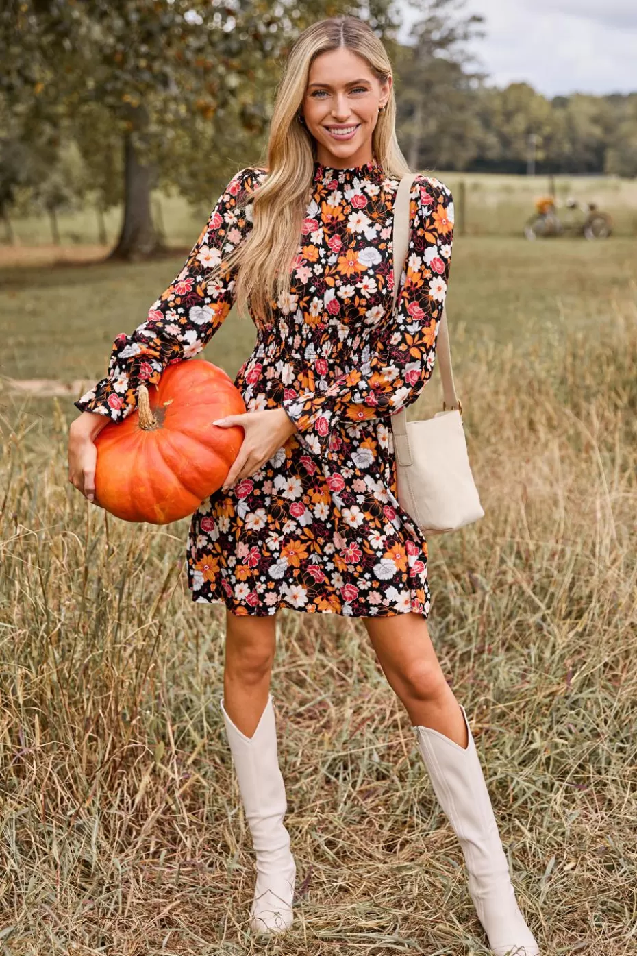 Flash Sale Cupshe Retro Floral Smocked Waist Poet Sleeve Mini Dress Orange