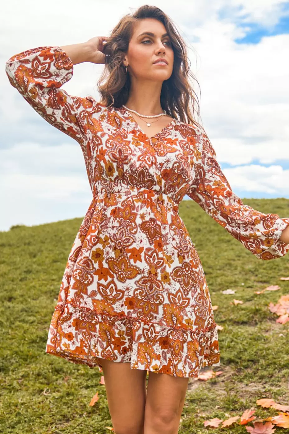 New Cupshe Retro Orange Floral Surplice Blouson Sleeve Dress Tangerine