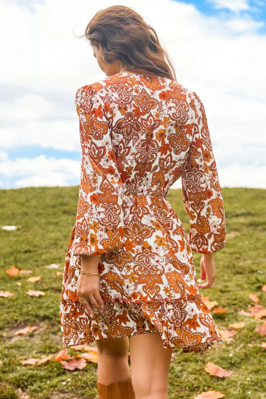 New Cupshe Retro Orange Floral Surplice Blouson Sleeve Dress Tangerine