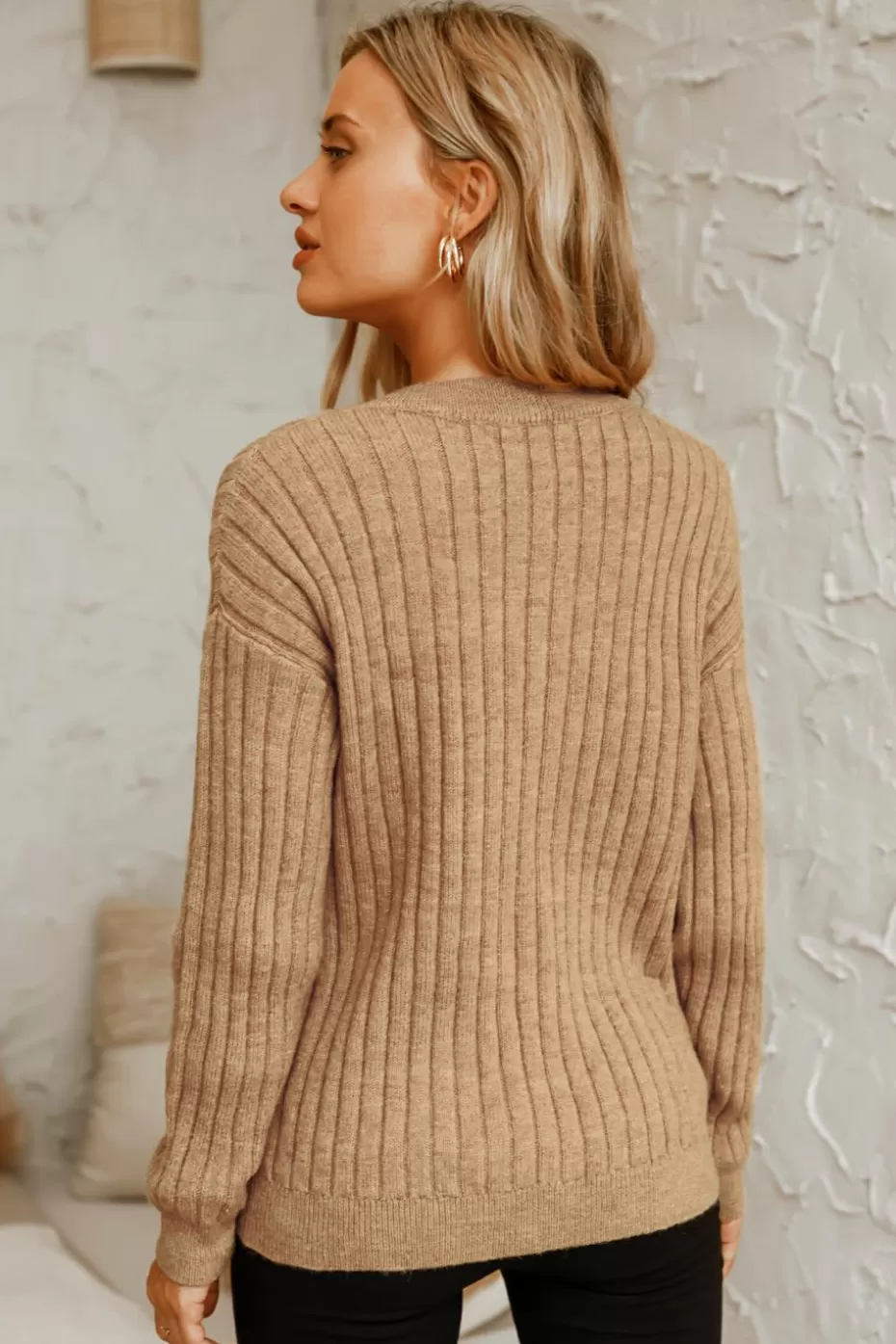 Hot Cupshe Rib V-Neck Drop Sleeve Sweater Camel