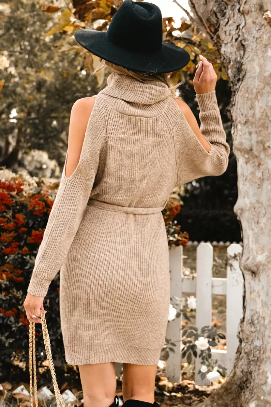 Cheap Cupshe Ribbed Belted Cutout Sweater Dress Tan