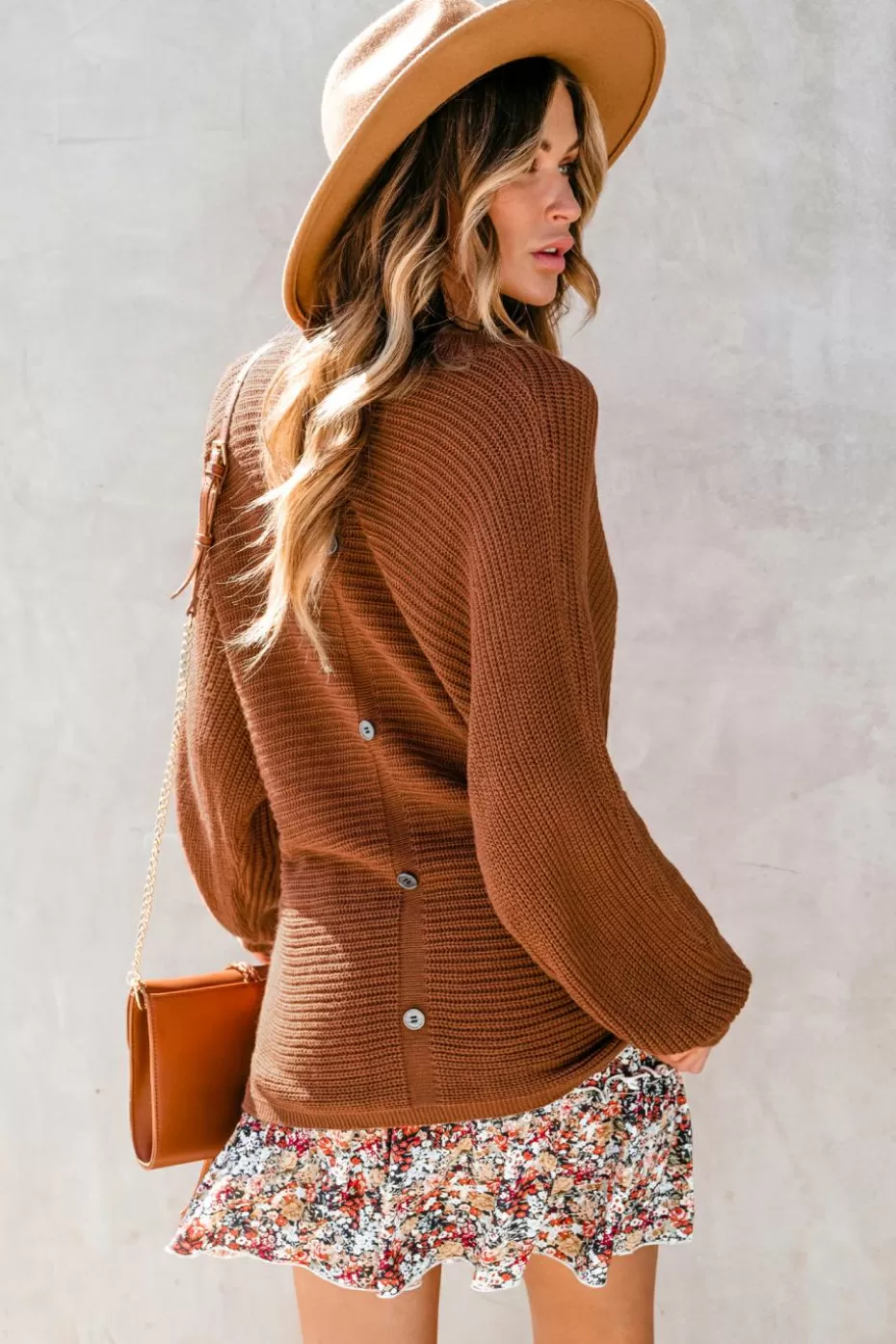 Store Cupshe Ribbed Button-Back Knit Sweater Brown