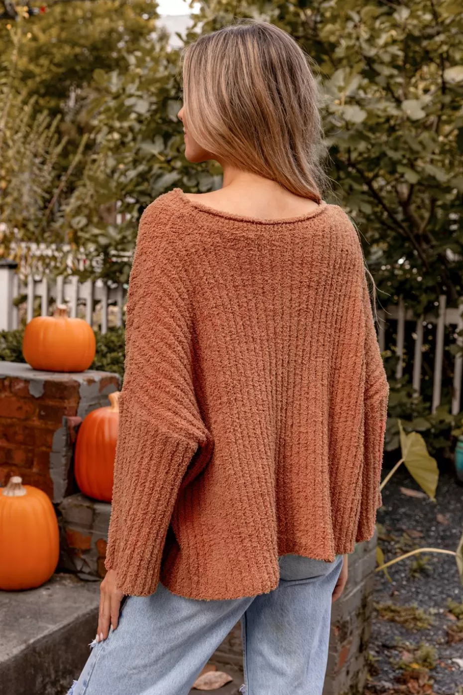 Store Cupshe Ribbed Fuzzy Knit One-Shoulder Sweater Brick