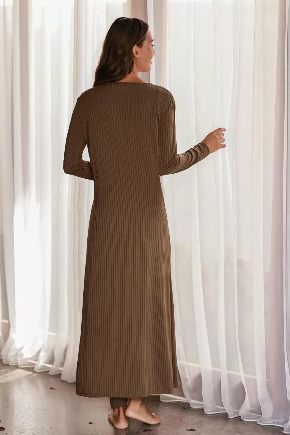 Hot Cupshe Ribbed Two-Piece Pajama Set Brown