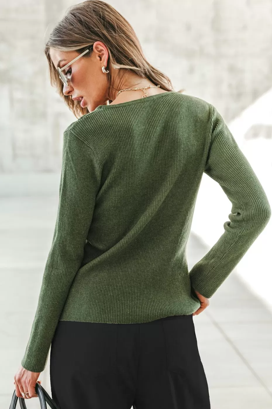 Store Cupshe Round Neck Cutout Green Sweater Olive