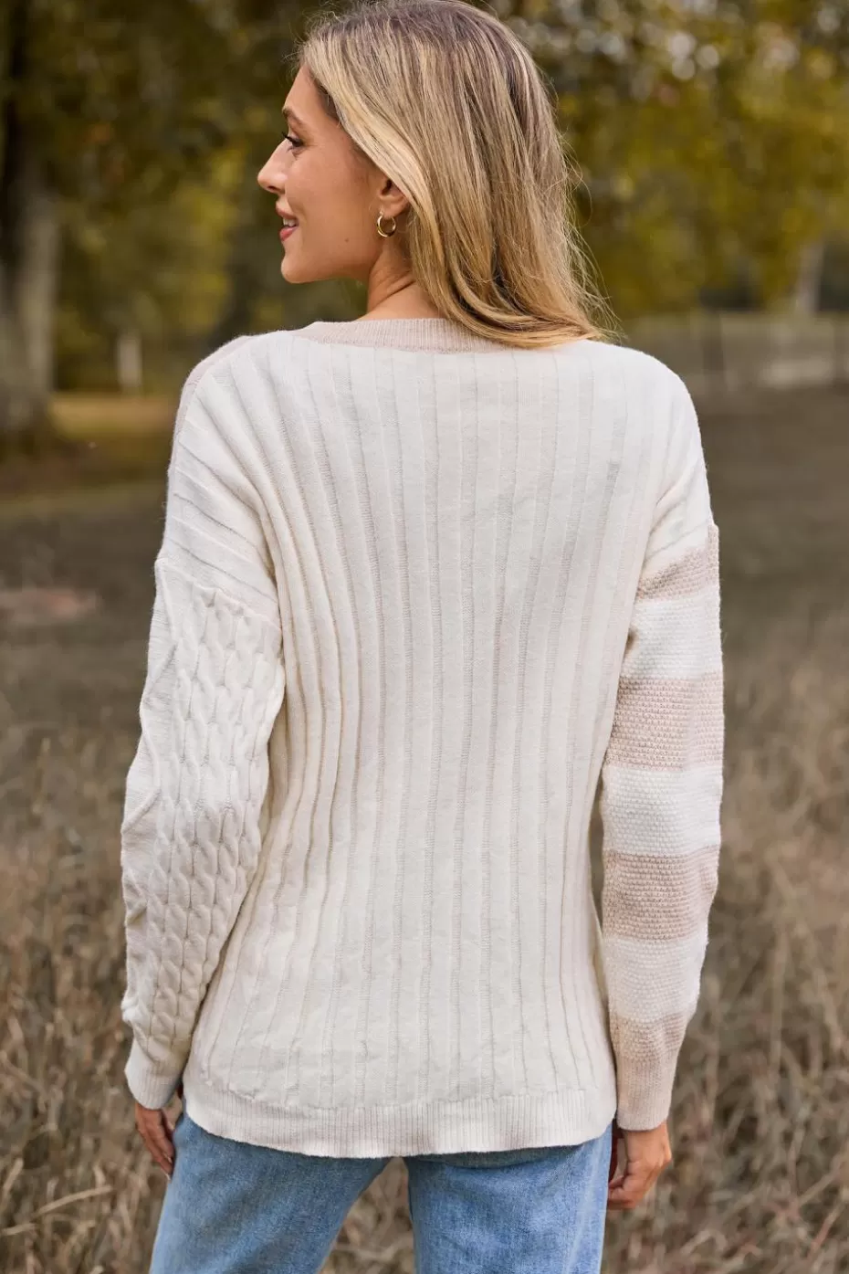 Online Cupshe Round Neck Mixed Pattern Long Sleeve Sweater Beige